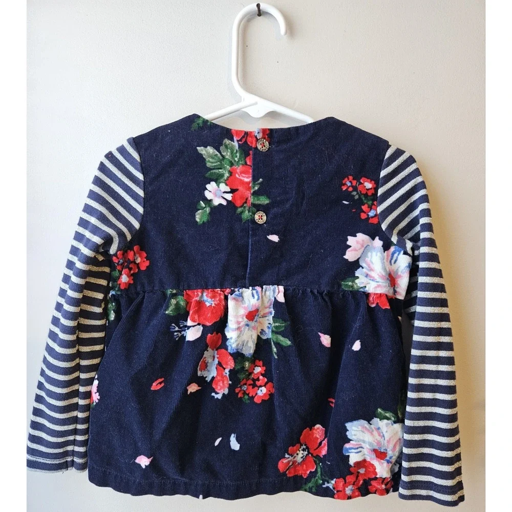 Joules Girls 2Y Navy Blue Striped Floral Tunic Top Long‎ Sleeve Pockets